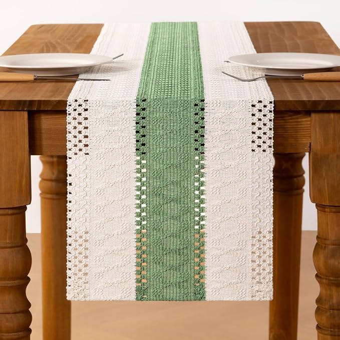 Ivory & Sage Boho Table Runner Macrame Woven Table Runner 12x60 Inch | Small - Image 3