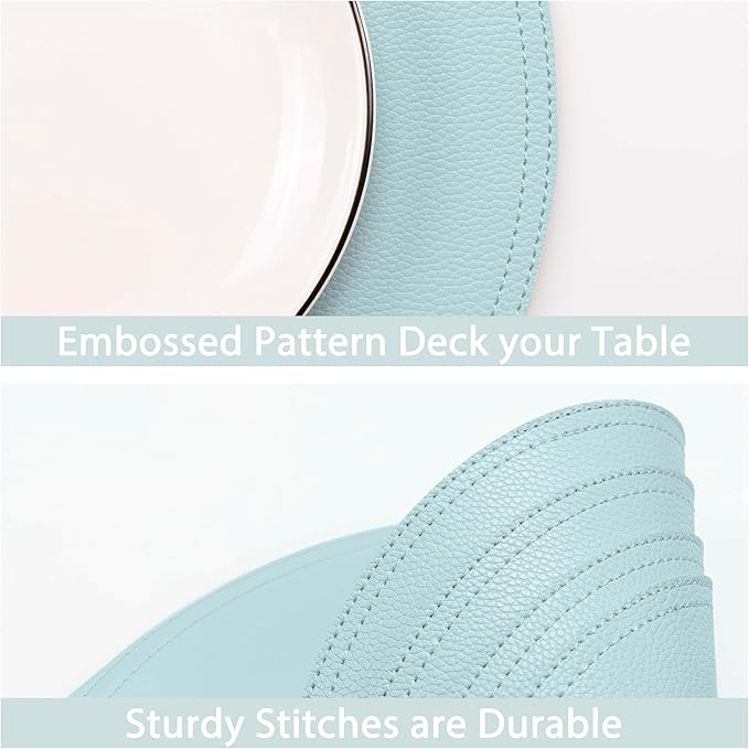 Set of 8 Faux Leather Round Placemats and Coasters, Coffee Mats Kitchen Table Mats, Waterproof, Easy to Clean for Kitchen Dining Round Table
