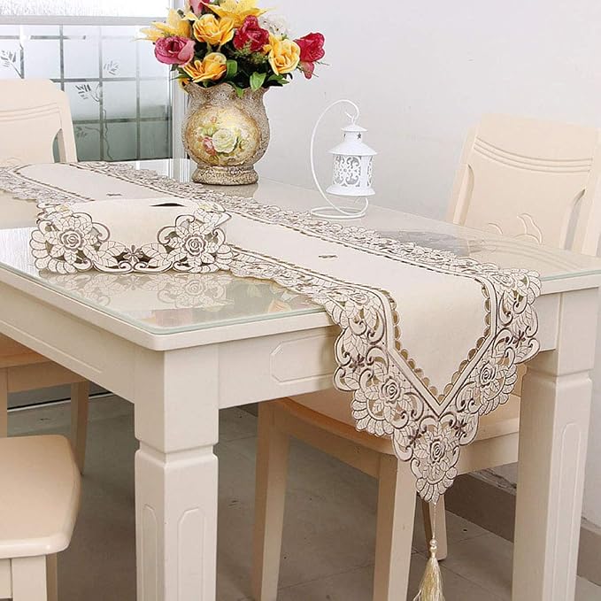 LeLehome 15 X 104 Inch Table Runner, Flowers Embroidered Beige Floral Dresser by LeLehome