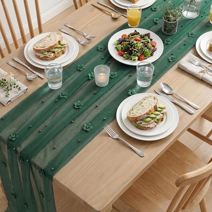 Artoid Mode Green Flower Pearl Green Gauze Table Runner 10FT, Seasonal Sheer - Image 5