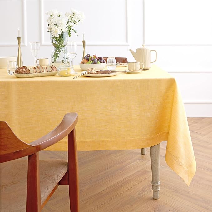Solino Home Linen Tablecloth 60 x 108 Inch - 100% Pure Linen Chambray Mustard Yellow Table Cloth for Rectangular Tables - Athena, Machine Washable Cloth Tablecloth for Spring, Easter