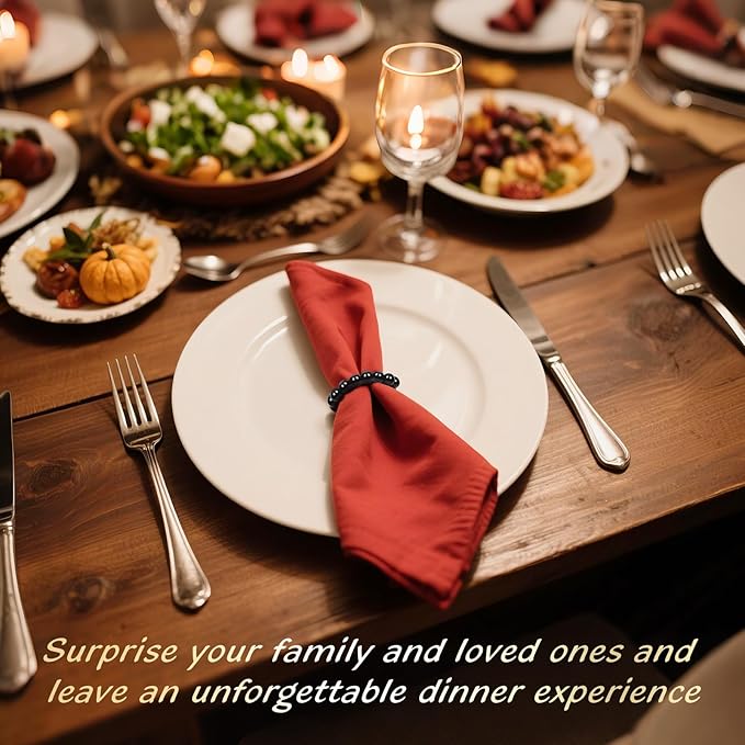 Napkin Rings Set of 6，Farmhouse Stretchable Wooden Bead Reusable Cloth Napkin Holders for Wedding, Christmas, Graduation & Dinner Parties Black Napkin Ring (6)