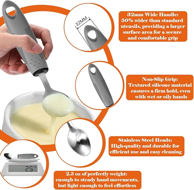 Adaptive Utensils with Adult Bibs - 4pcs Weighted Utensils Set (2.5oz Each) for Hand Tremors, Elderly, Parkinson's, Arthritis - Non-Slip Easy Grip Handles for Independent Eating