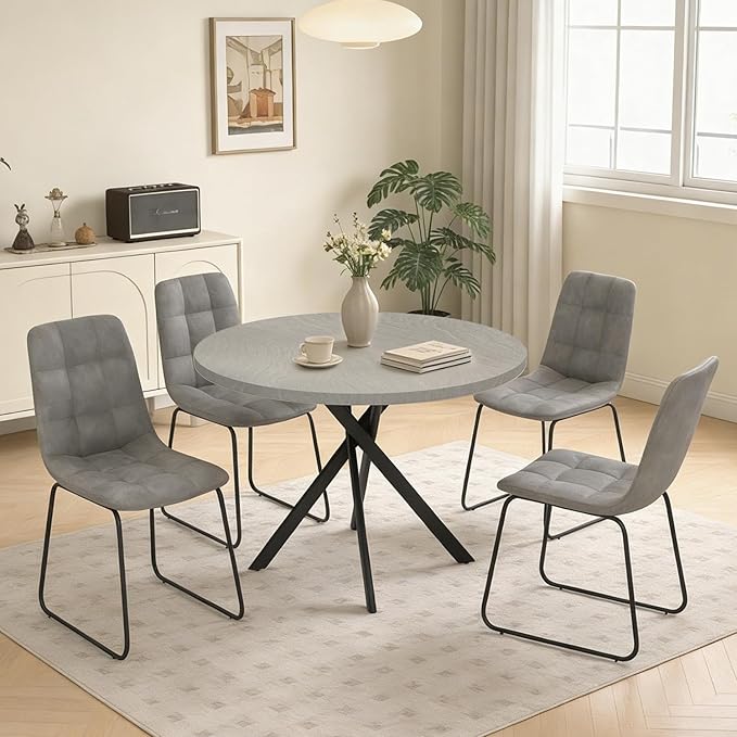 44" Round Dining Table with Cozy Chair Set for 4, Modern Mid-Century Dining Table Set of 4, Dinette Sets with Metal Leg for Kitchen Dining Room Apartment(Gray Table + Gray Chairs)