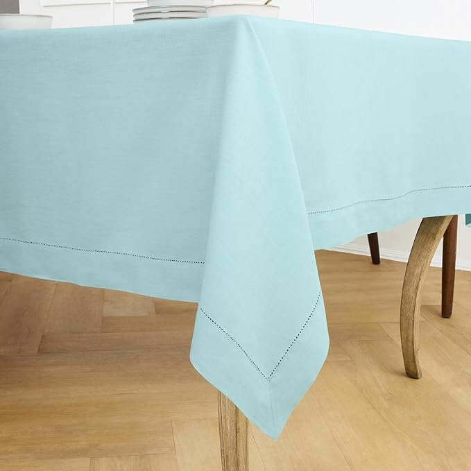 Solino Home Linen Tablecloth for Rectangle Tables 60 x 156 Inch - Classic Hemstitch 100% Pure Linen Aqua Blue Table Cloth - Machine Washable Cloth Tablecloth for Spring, Easter