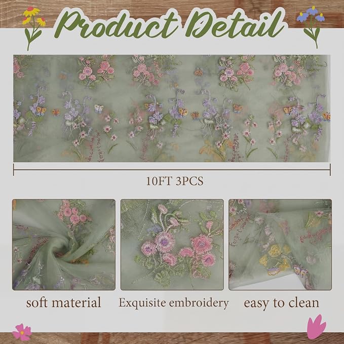 Sage Green Floral Table Runner 10ft Embroidery Tulle Spring Wildflower Table - Image 2
