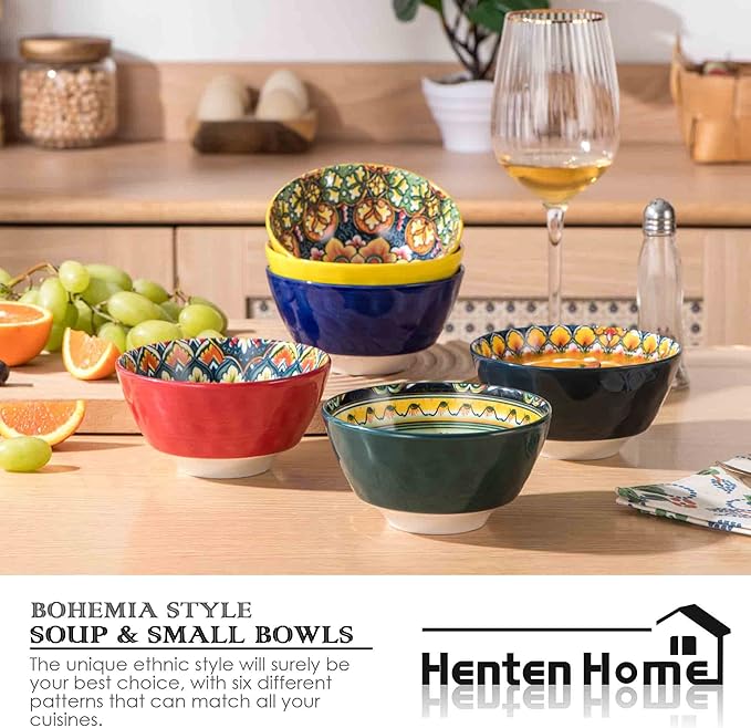 Henten Home Small Dessert Bowls Set of 6, Ceramic 12 oz Rice Bowls Set, Porcelain Colorful Serving Bowls for Snack, Ice Cream, Salad, Bohemia Style, Microwave & Dishwasher Safe