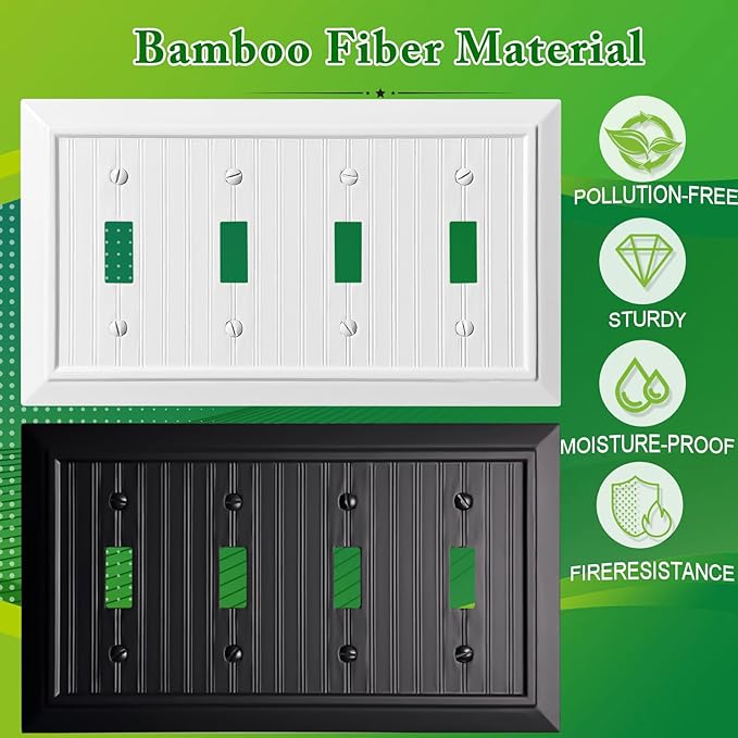 Beadboard Outlet Covers Wall Plates, Bamboo Fiber Light Switch Covers, Natural Material Electric Receptacle Decorative Switch Plate Outlet Cover (Pure White, 4 Gang Toggle 1 Pack)