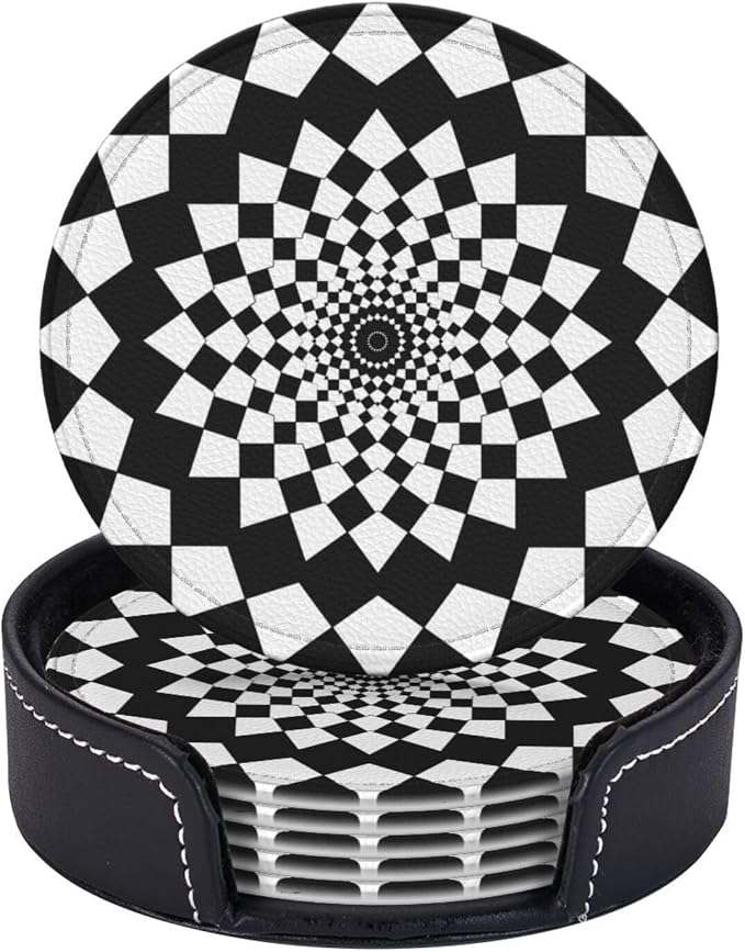 Drink Coasters with Holder Stand Set of 6, Mandala Chessboard Pu Leather by Unknown