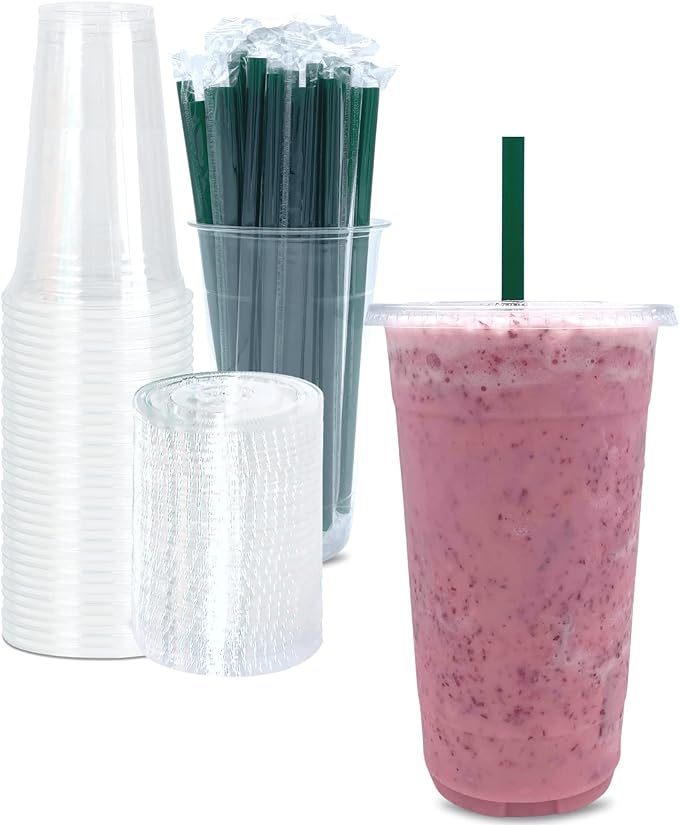 32 oz Clear Plastic Cups with Lids and STRAWS, Disposable Drinking Cups by Cappatua