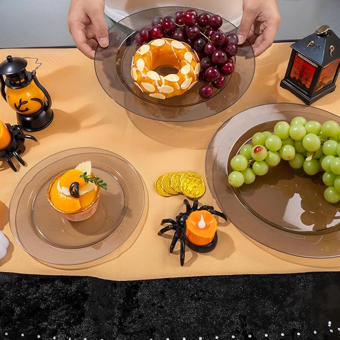 I00000 200 Pcs Clear Black Plastic Plates, Black Disposable Party Halloween Plates Include 100 Dinner Plate 10’’ and 100 Dessert Plate 7’’ Perfect for Wedding, Party & Halloween