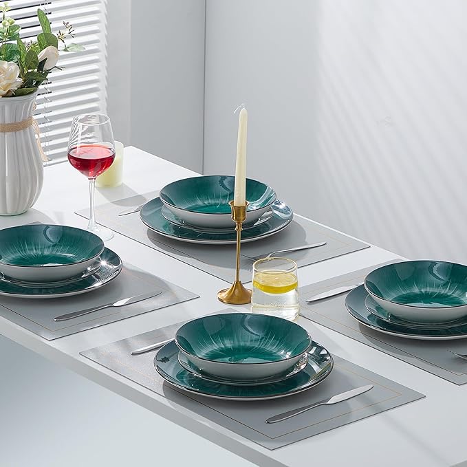 Bestone Porcelain Dinnerware Sets Service for 4, 12 pcs Hand drawn Plates and Bowls Sets, Handmade Ceramic Dish Set, Chip Resistant Modern Plate Set, Dishwasher/Microwave Safe，Starburst Green