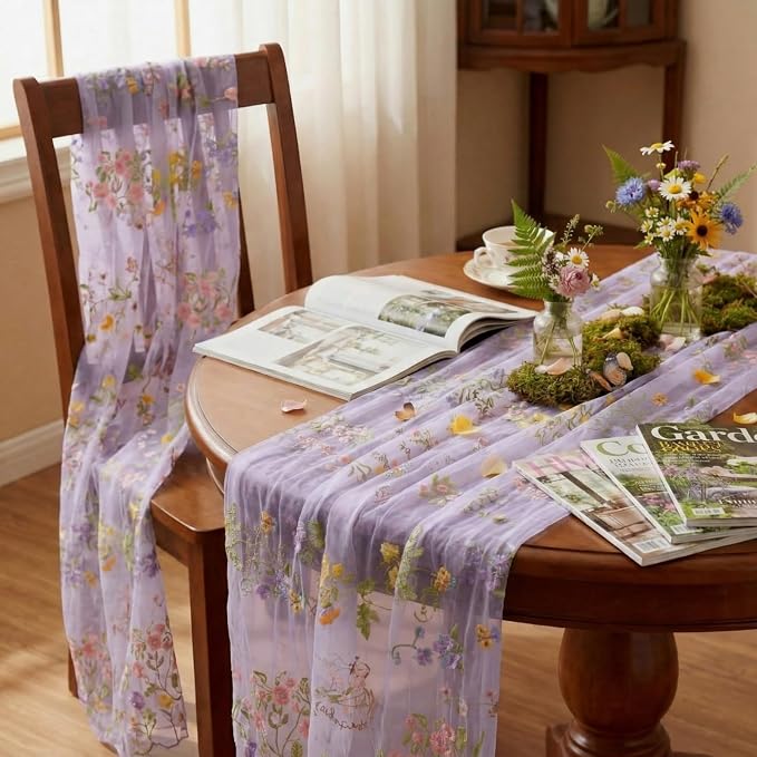 Purple Floral Table Runner 10ft Embroidery Tulle Spring Wildflower Gauze Table - Image 6