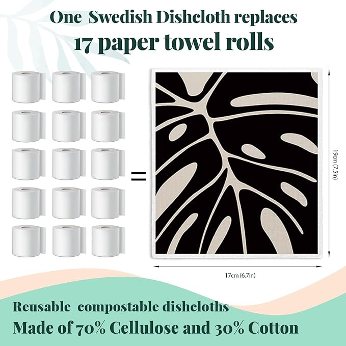 Swedish Dishcloths for Kitchen, Boho Botanical Floral Swedish DishCloths, Papaya Reusable Paper Towels Washable, 4 Pcs Dish Towels for Kitchen Party Home Housewarming Cleaning Cloths