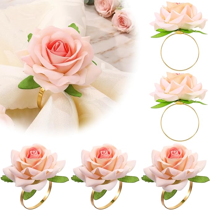 Honeydak 8 Set Valentine's Day Napkin Ring Rose Flower Metal Napkin Ring Designed with Rose Serviette Buckle for Valentine's Day Wedding Anniversary Party Dinner Table Decoration (Pink)