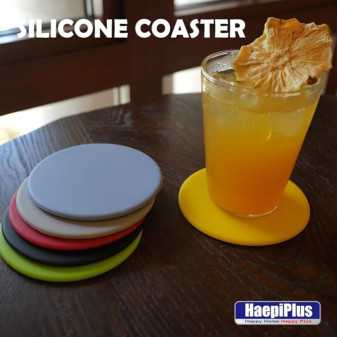 6 Pieces Silicone Coasters, Round Shape Hot Cup Mat for Drinks, Heat Resistant Glass Cushion, Coffee Coaster for Table, Desk, Kitchen, Office, Bar Protection (Yellow)