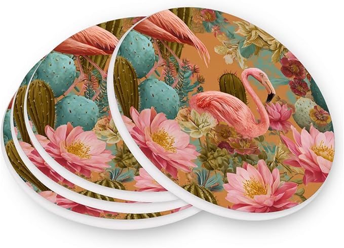 Coasters for Drinks Coaster Drink Set Decorative Coffee Table Desk Cup Mat Spring Cute Cork Bar Backing Round Home Decor Orange Flamingos and Green Cactus Flowers23