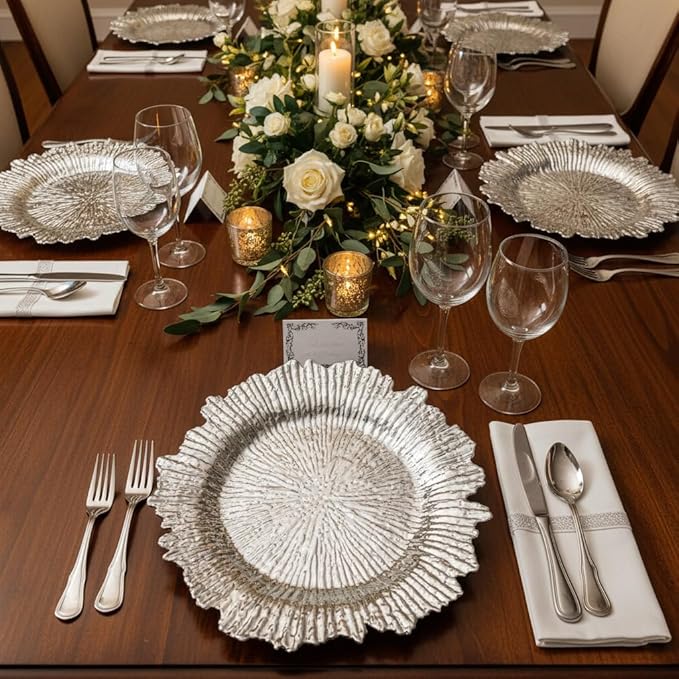 LOYALHEARTDY 24 Pack 13 Inch Silver Charger Plates, Plastic Reef Textured Rim Round Decorative Underplates for Wedding, Party, Dinner Table