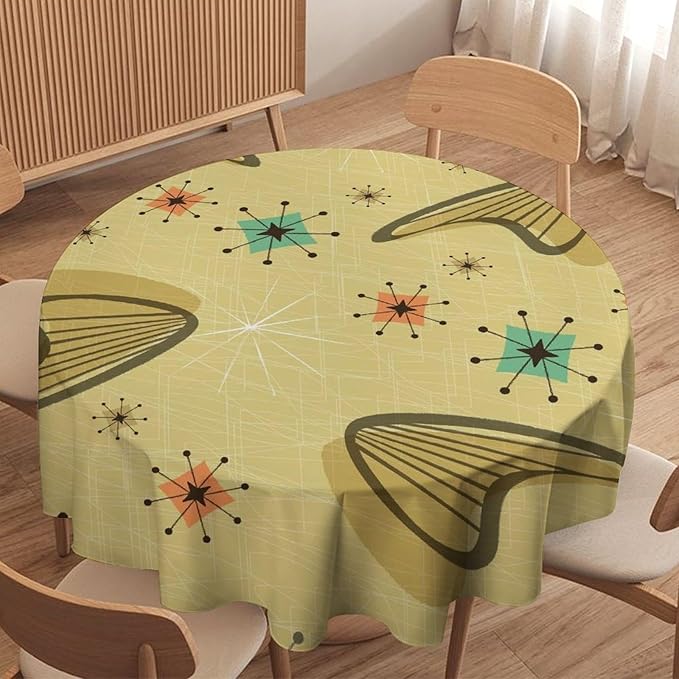 Mid Century Round Tablecloth, Retro Abstract Atomic Boho Geometric Art Printed Tablecloth for Home Party Dining Room Kitchen Decor 70Inch(178cm)