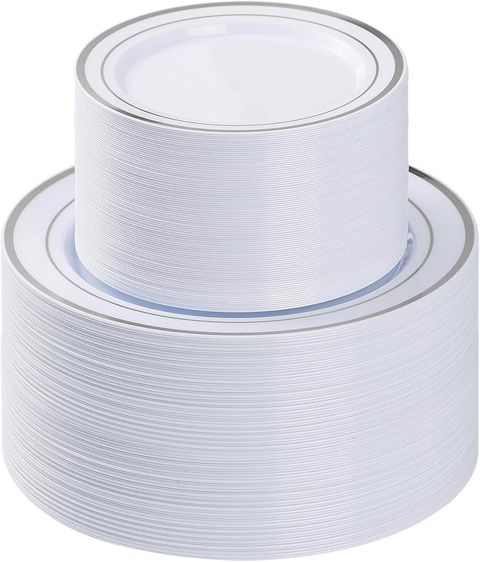 BESTVIP 200PCS Silver Plastic Plate, Disposable Party Plates with 100 Dinner Plates and 100 Dessert Plates, Plastic Plates for Party, Wedding and Birthday