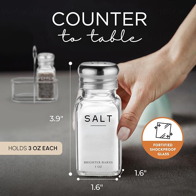 Glass Salt and Pepper Shakers Set with Holder by Brighter Barns - Modern Kitchen Decor, Dining Table Countertop Accessory - Cute Salt and Pepper Set with Caddy for Restaurants, Farmhouse Decor (Clear)