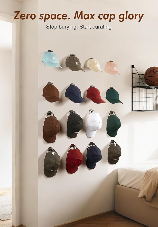 HOUSE DAY Adhesive Hat Hooks for Wall 8 Pack, Strong Hat Rack for Baseball Cap Display Organizer, Hats Holder for Wall, Door, Closet, No Drilling, Black
