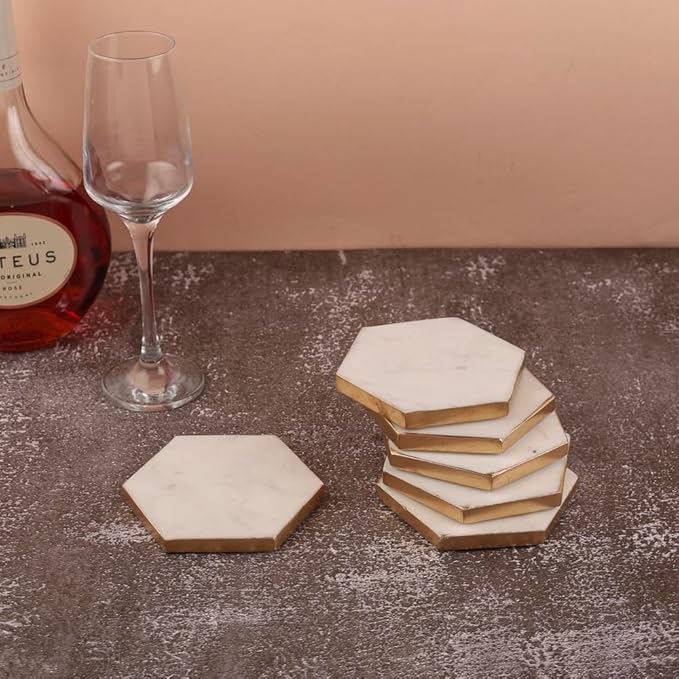 GoCraft Gold Edge Marble Coasters – Set of 6 Hexagon White Stone Coasters for Drinks – Stylish Drinkware Accessories for Wine Glasses, Coffee Mugs & Modern Coffee Table or Bar Decor