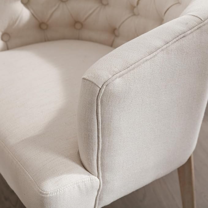 Mid-Century Dining Chairs Set of 6, Tufted Upholstered Linen Dining Room Chairs Comfy Side Chair Armchair Guest Chair with Wooden Legs for Dining Room Living Room, Beige