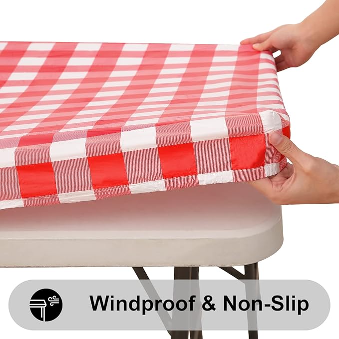 Smiry Rectangle Picnic Table Cloth, Elastic Waterproof Fitted Vinyl Tablecloths, Flannel Backed Buffalo Plaid Table Covers for Dining, Camping, Outdoor (White and Red, 30" x 48")