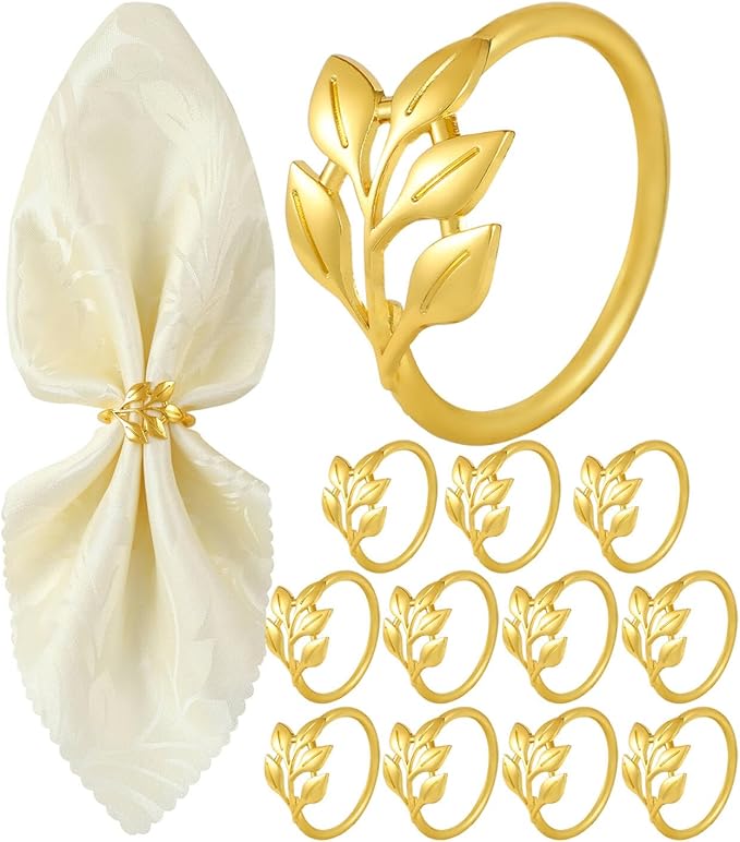 Gold Napkin Rings Set of 12, Shiny Zinc Alloy, Durable Polished Leaf Shaped Napkin Rings Fits Any Beautiful Table Decor for Christmas, Wedding, Party, Gift Idea for Elegant Table Settings