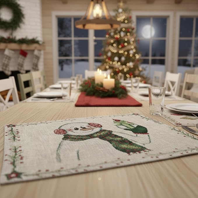 DaDa Bedding Magical Snowman Placemats - Set of 4 Festive Holiday White Tapestry - Cotton Linen Woven Dining Table Mats - 13” x 19” (9733)