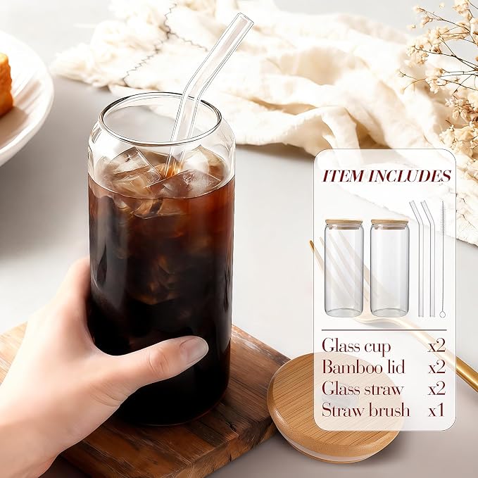 Iced Coffee Cups with Lids 2 pcs: 20 oz Glass Cups with Lids and Straws as - Image 3