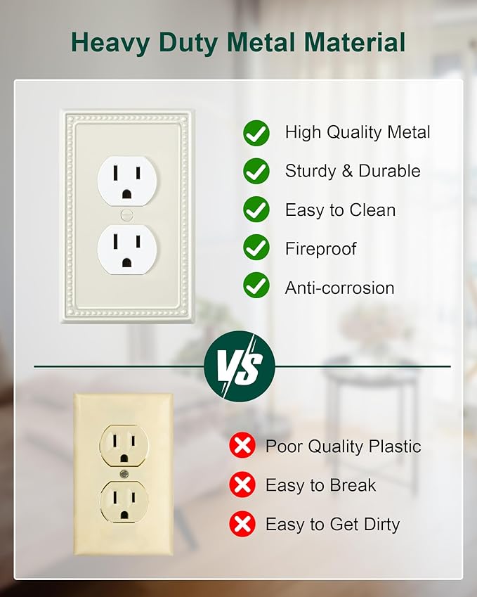 2-Pack Single Toggle Light Switch Cover Plate, Pearls Decorative Switch Plate Covers, Light Almond 1 Gang Metal Wall Plate, Corrosion Resistant