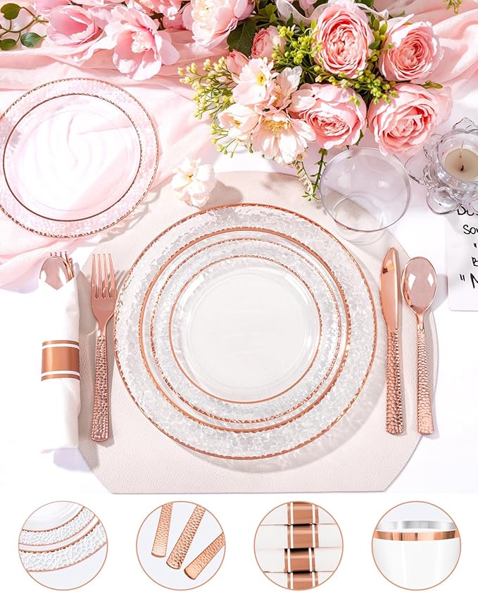 Ciaell 350PCS Rose Gold Plastic Plates - Clear Rose Gold Disposable Plates with Plastic Silverware include 100Plates, 150Silverware, 50Cups, 50Napkins for Wedding & Party & Valentine's Day