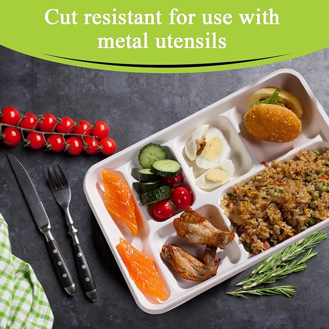 three leaf 6 COMPARTMENT BAGASSE TRAY 50 Ct. Heavy-Duty- Super Strong- Natural- Eco-Friendly Disposable Bagasse Plates, 100% Biodegradable 6 Compartment meal Plates