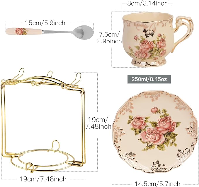 YOLIFE Tea Cups and Saucers Set of 6, 8 OZ Pink Rose Coffee Cups | Ivory - Image 6