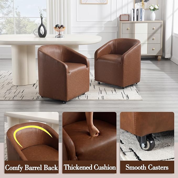 Modern Barrel Dining Chairs with Rolling Casters Set of 2, Upholstered PU Leather Swivel Dining Room Chairs with Wheels for Kitchen Living Room Home Office, Brown
