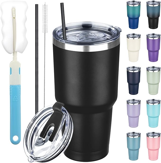 30 oz Tumbler with Lids and Straws, Stainless Steel Insulated Coffee Tumbler by GUDEMAO
