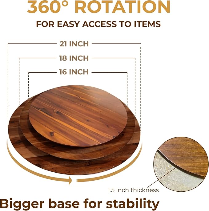 18" Acacia Wood Turntable Organizer | Lazy Susan for Table Top, Cabinet or Pantry | Wooden Rotating Tray for Kitchen Countertop, Durable, Easy to Clean, No Assembly Needed
