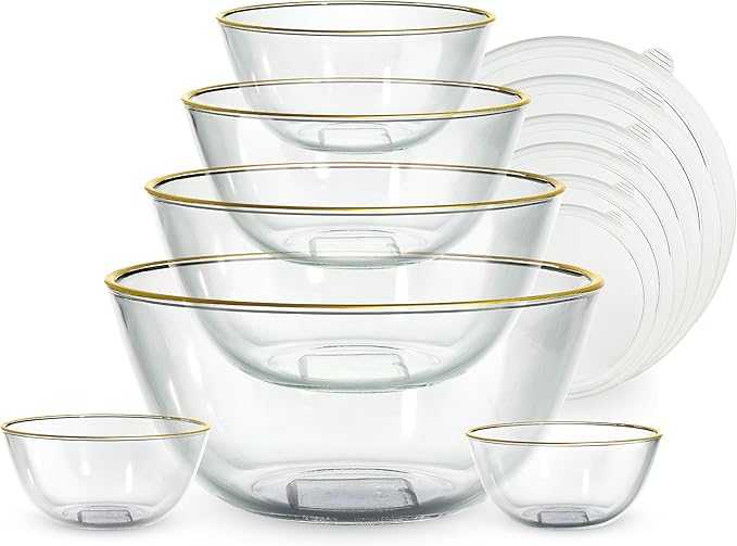 COOK WITH COLOR 12 Pc Glass Mixing Bowl Set with Lids – Borosilicate Glass Nesting Bowls for Cooking, Baking and Meal Prep, Gold Rim