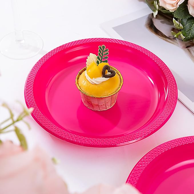 WELLIFE Hot Pink Party Plates 7 Inch -150 Count, Plastic Disposable Dessert Plates for Party Valentine's Day Cake Appetizers Salad Baby Shower Wedding