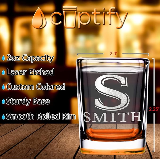Personalized Glasses Set of 2 Initial and Name 2oz Orange Bottom Etched Square Shot Glass Engraved with Custom Text Birthday Gift for Men and Women