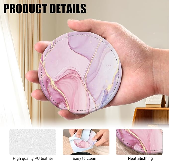 Coasters for Drinks PU Leather,Set of 6 with Holder,Round Housewarming Gift Home Decor,Pink and Golden Marble