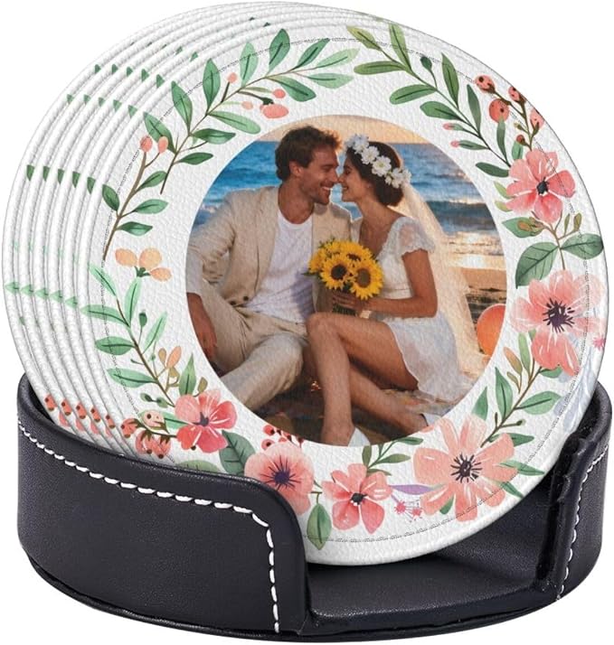 Photo Picture Custom with Flowers Design Print Leather Coasters Set of 6 with - Image 3