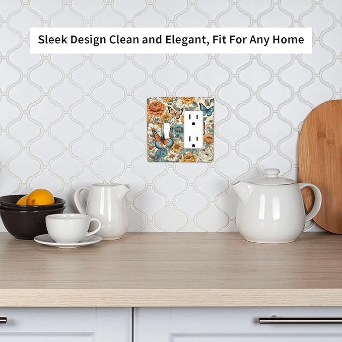 Light Switch Cover Vintage Colorful Floral Butterfly Flowers 2 Gang Toggle Rocker Combo Socket Cover Wall Plates Decorative Switch Plates and Outlet Covers for Bathroom Bedroom Decor
