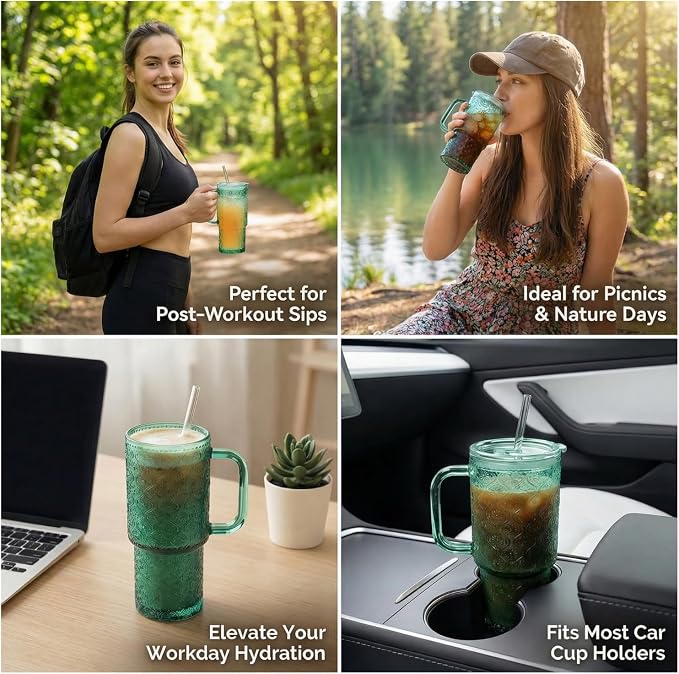 20 oz Green Glass Tumbler with Lid and Straw, Glass Iced Coffee Cups, - Image 5