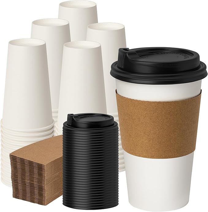 100 Pack 16 oz Disposable Coffee Cups with Lids and Sleeves, Paper Coffee Cups for Hot/Cold Drinks, Leak-Proof To Go Cups for Home, Cafes, Events and Office