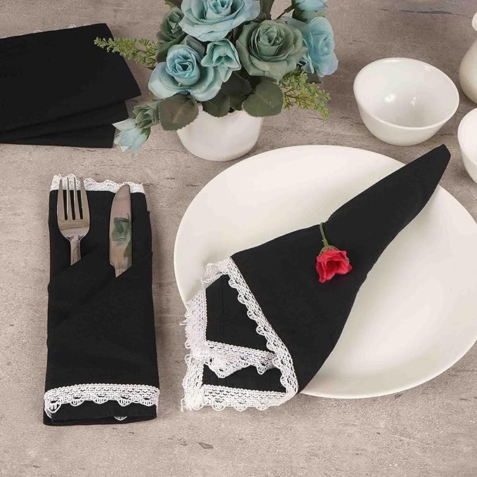 FINGERCRAFT Dinner Cloth Napkin Cotton Linen Blend 4 Pack Mitered Corners with Elegant Lace for Everyday Use Napkins are Pre Shrunk and Good Absorbency Black
