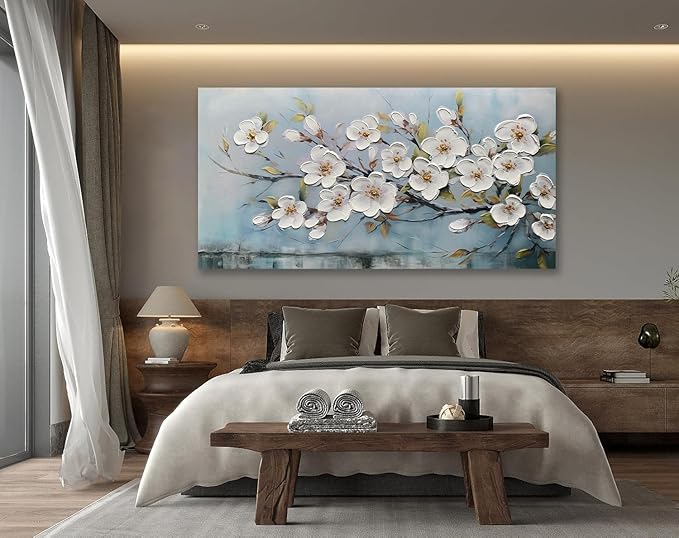Anolyfi White Textured Flowers Wall Art for Living Room Canvas Wall Decor, Modern Elegant Landscape Wall Art for Dining Room Hallway Office Home 48"x24"