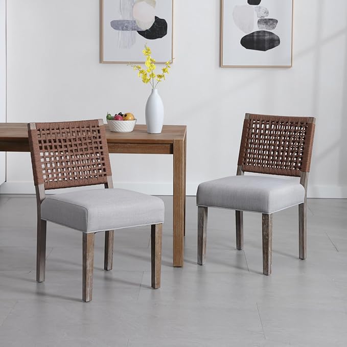 Farmhouse Dining Chairs Set of 6 Linen Fabric Upholstered Accent Side Chair, Mid Century Modern Kitchen & Dining Room Chairs with Woven Rope Back for Home, Living Room, Bedroom - Grey